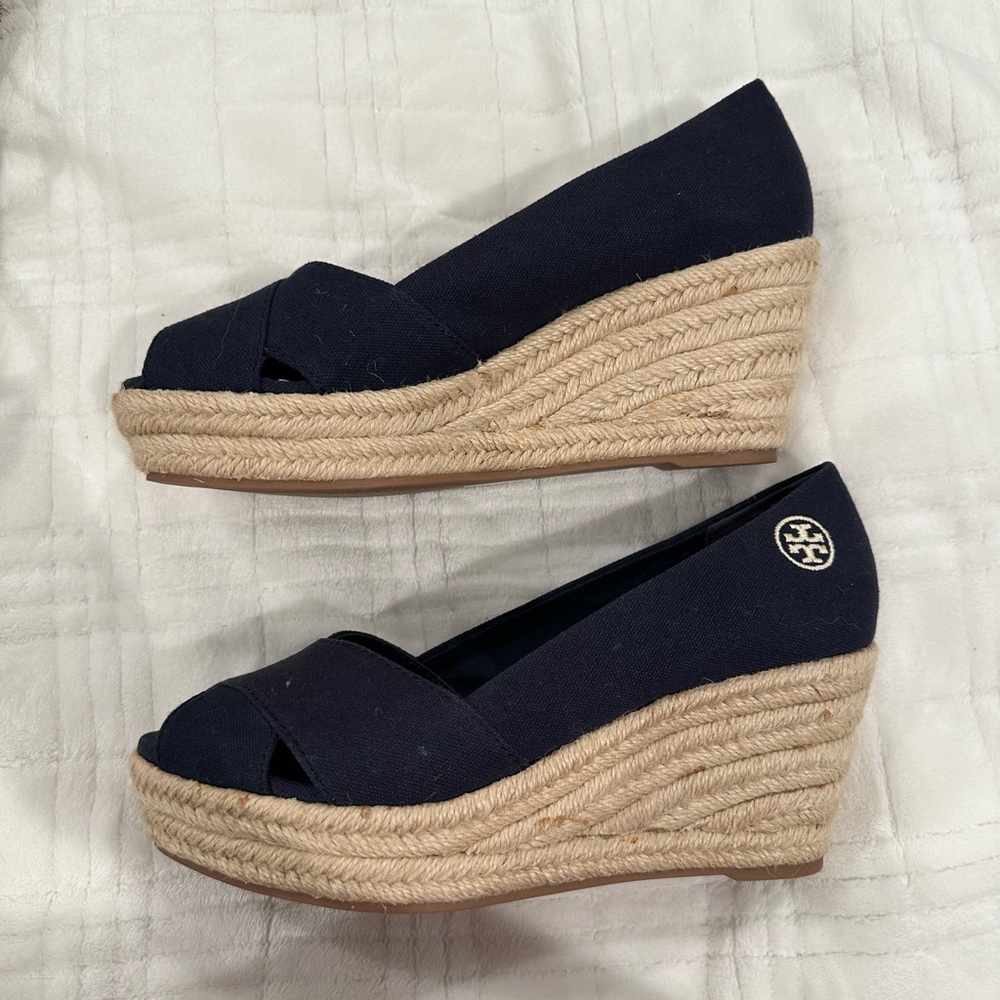 Tory Burch Navy Canvas Espadrille Wedge